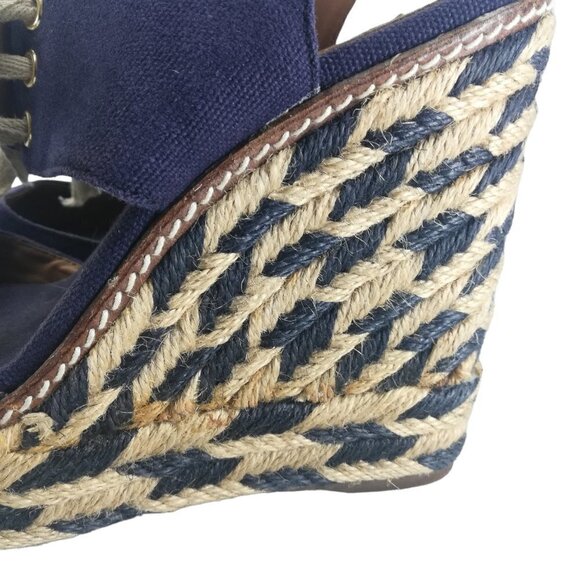 Tory Burch Wedge Espadrille Linley Platform Sandals Size 6.5-7? Peep Toe Blue - Picture 8 of 15